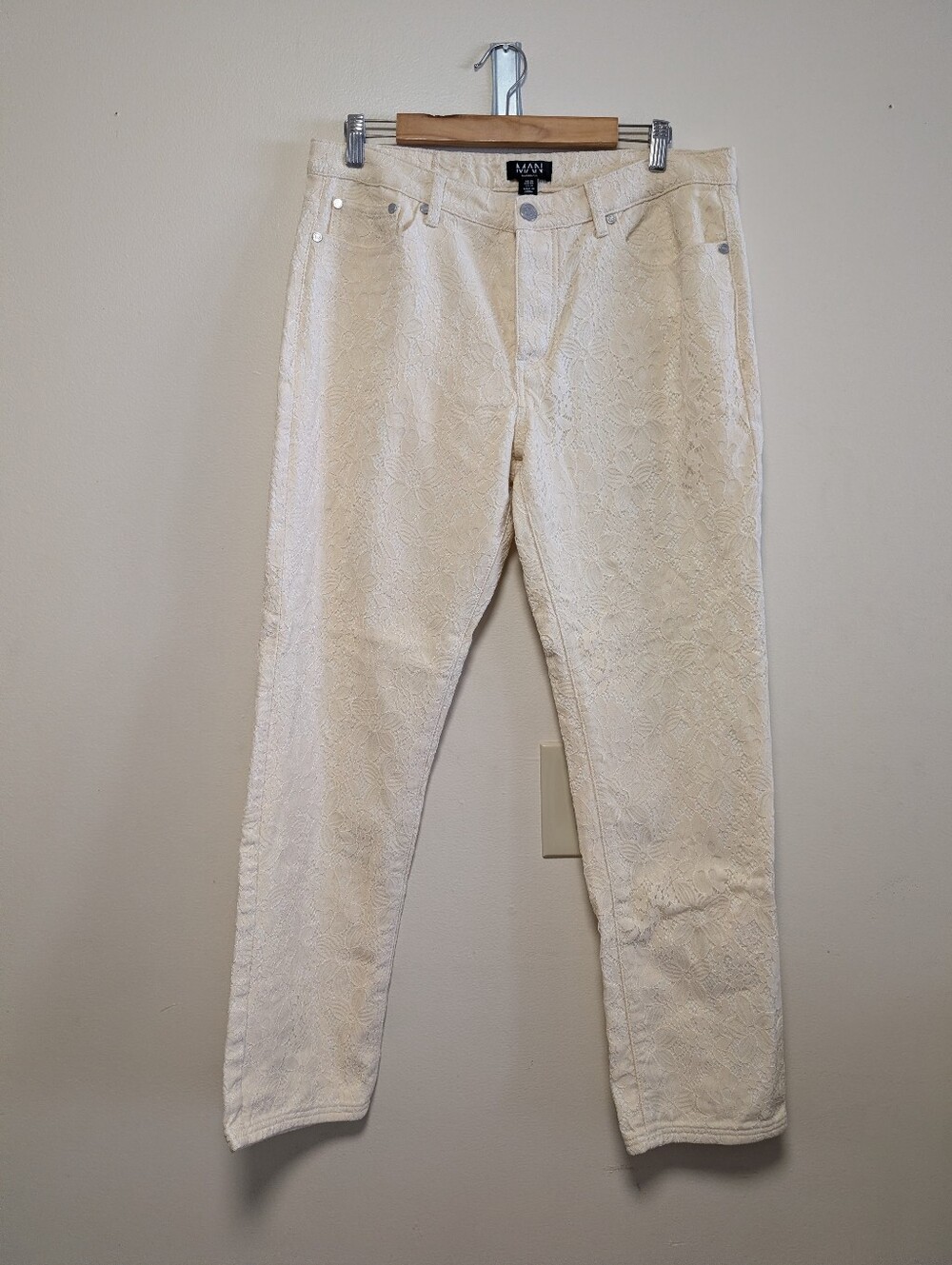 BoohooMAN Cream Floral Lace Overlay Skinny Jeans 34 Regular